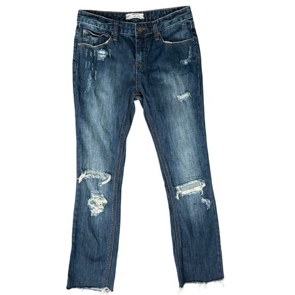 Free People Dark Wash Raw Hem Distressed Low Rise Denim Straight Ankle Jeans 26 - Picture 1 of 10